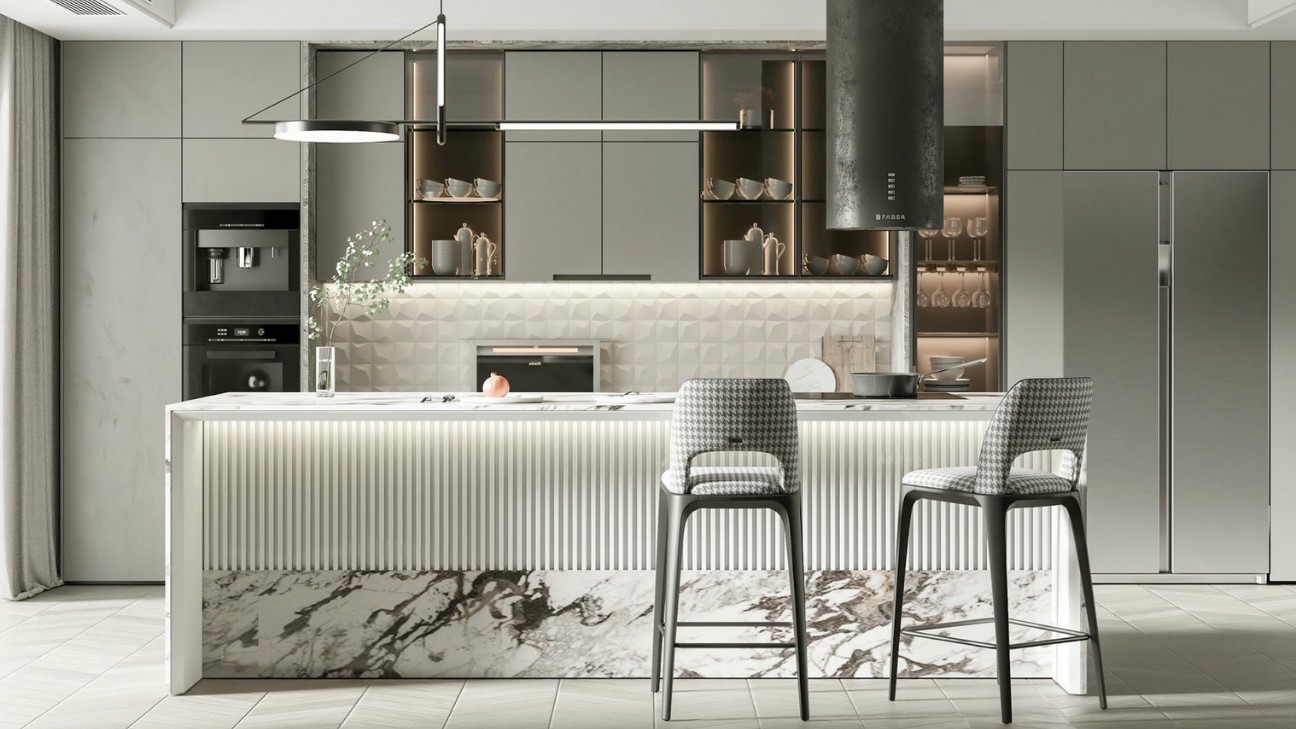 Tủ bếp màu xám với mặt đá marble Tủ bếp màu xám với mặt đá marble