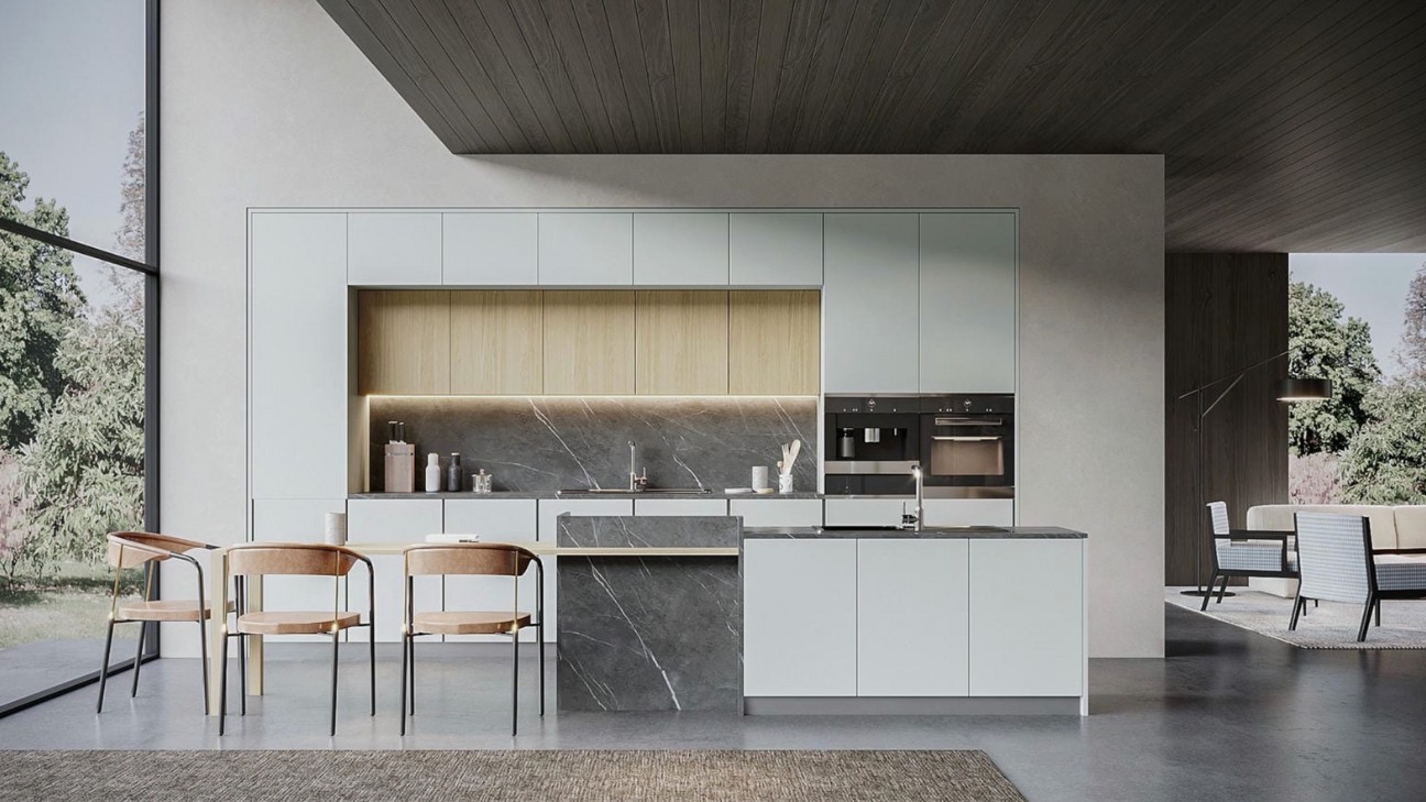 Tủ bếp melamine có cửa sổ tự nhiên