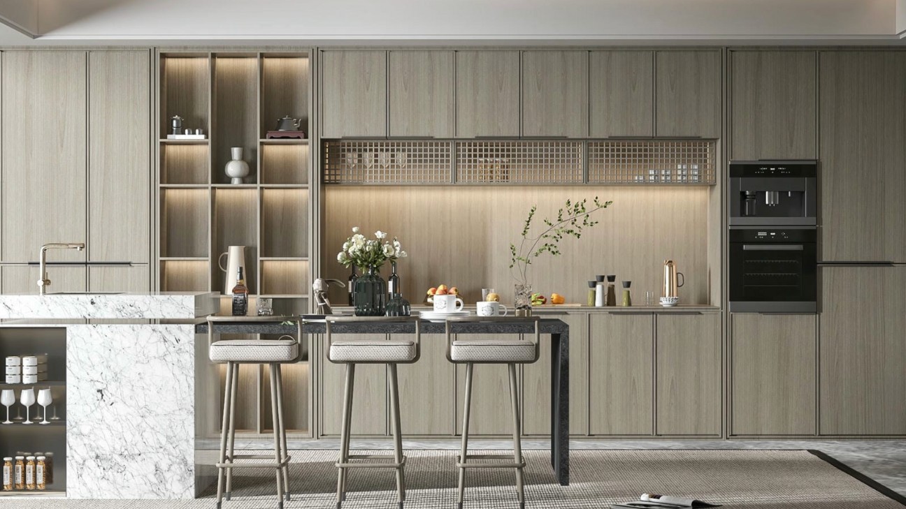 Tủ bếp melamine có ghế bar cao