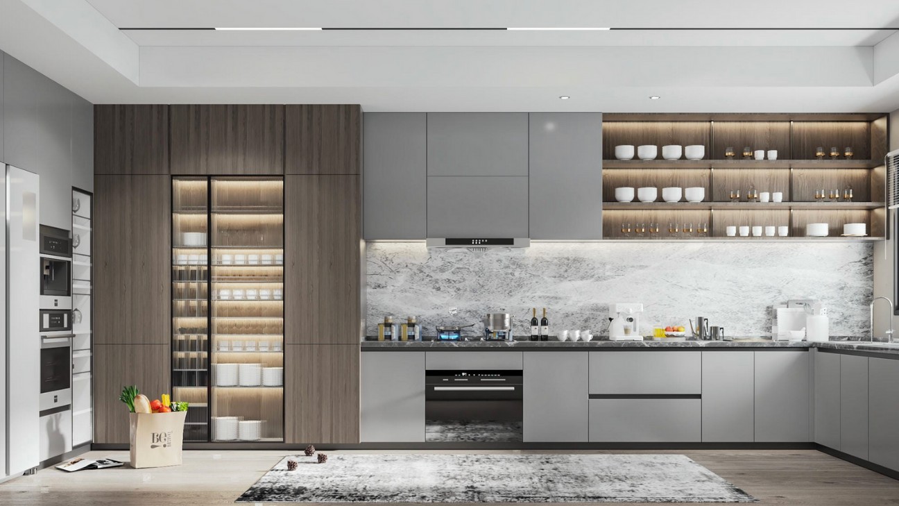 Tủ bếp melamine có kệ mở trang trí