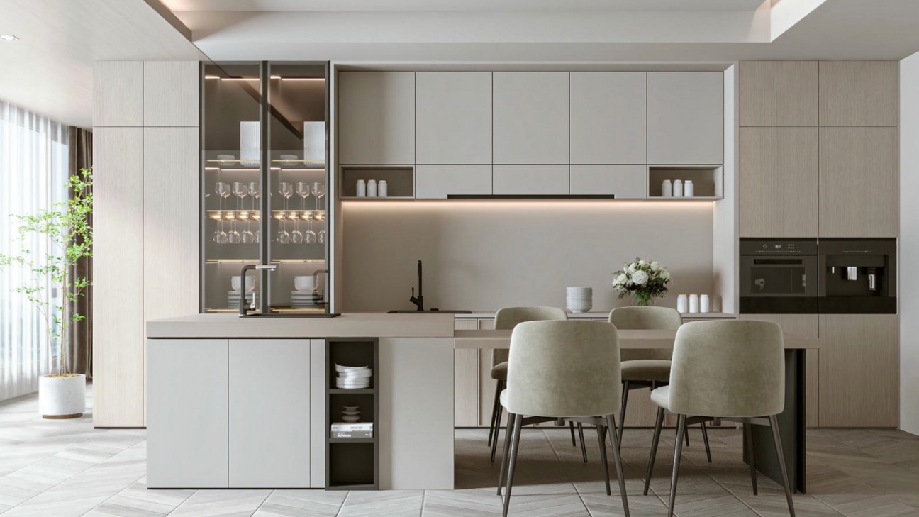 Tủ bếp melamine có quầy bar hiện đại