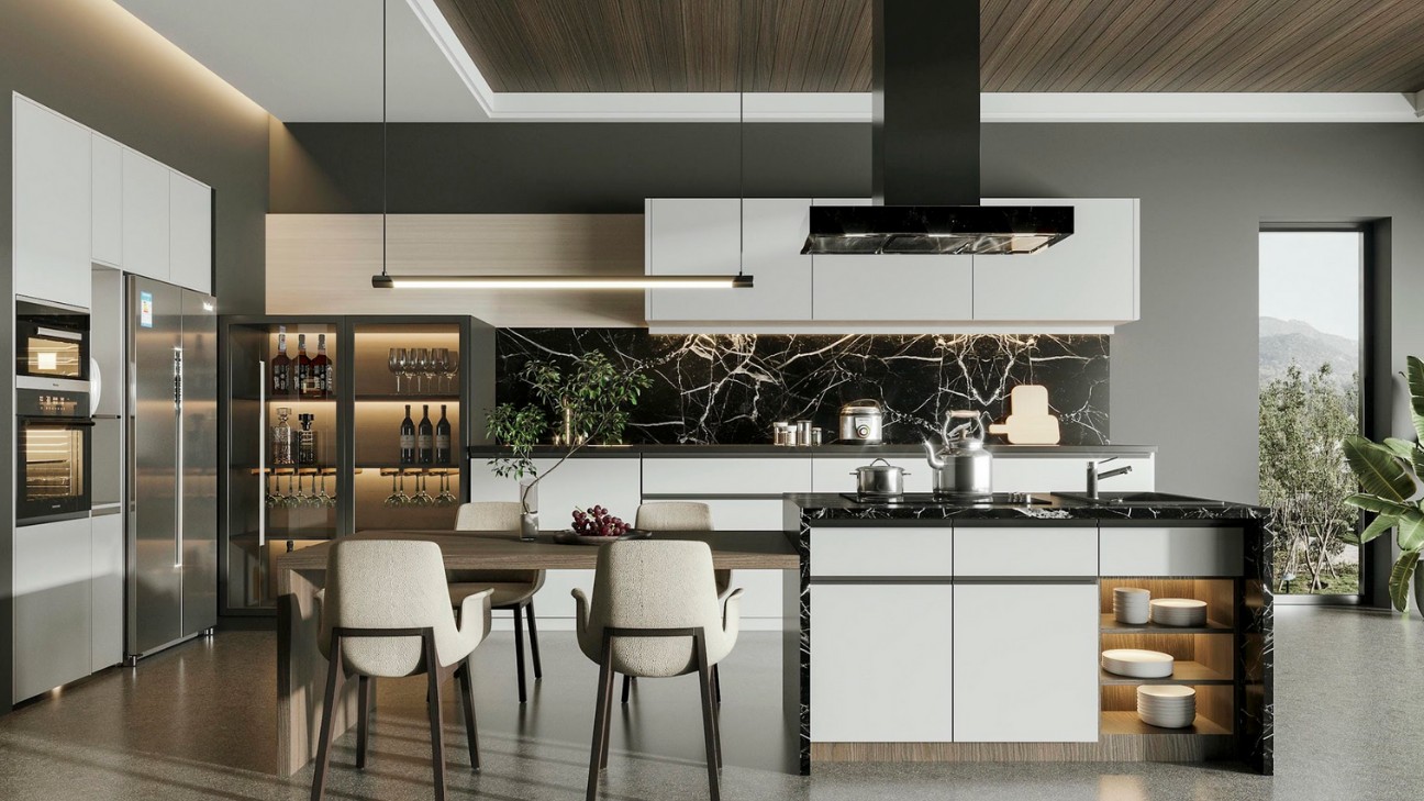 Tủ bếp melamine có tủ kho thông minh