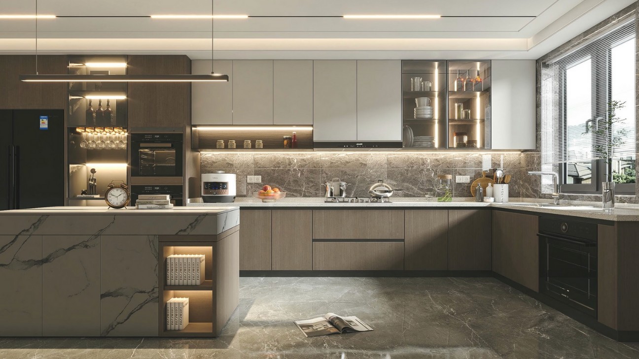 Tủ bếp melamine hoàn thiện không gian hiện đại