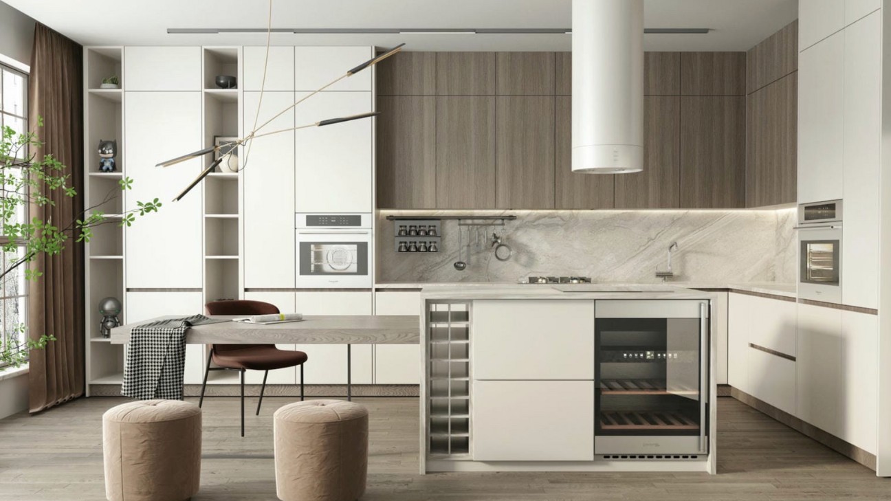 Tủ bếp melamine kết hợp bàn ăn thông minh