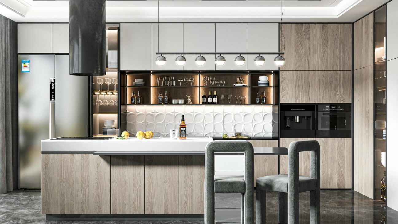 Tủ bếp melamine kết hợp đèn LED