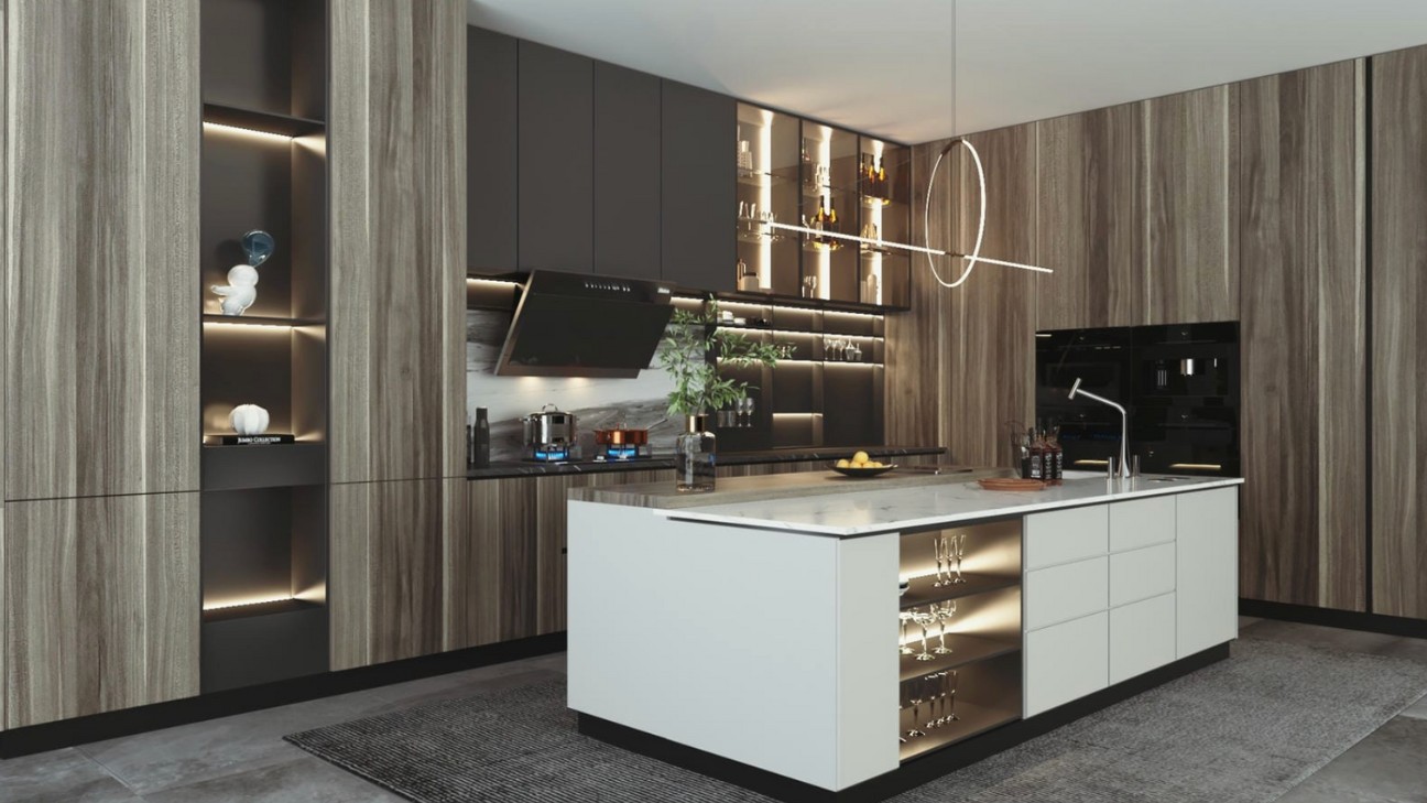 Tủ bếp melamine kết hợp phòng ăn