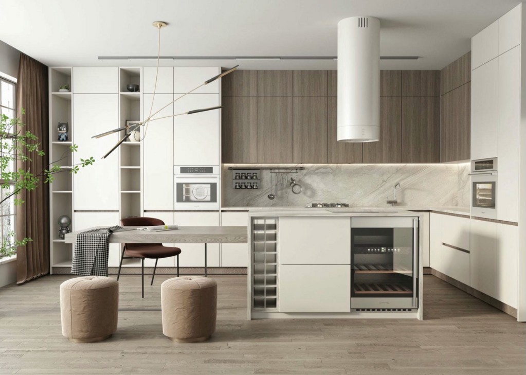 Tủ bếp melamine màu trắng hiện đại bóng mịn