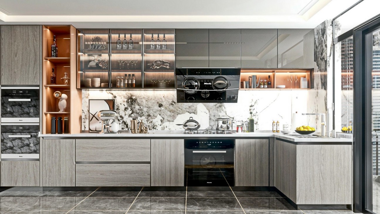 Tủ bếp melamine màu xám thanh lịch