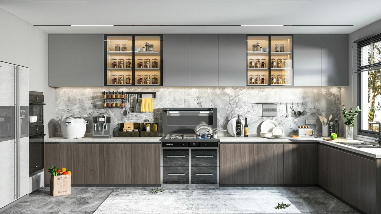 Tủ bếp melamine vân đá marble sang trọng
