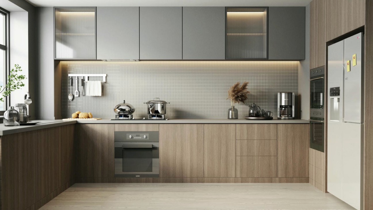 Tủ bếp melamine vân gỗ sồi sáng