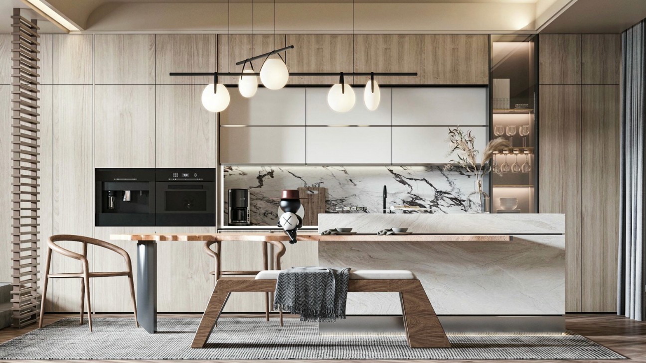 Tủ bếp melamine vân gỗ walnut đậm