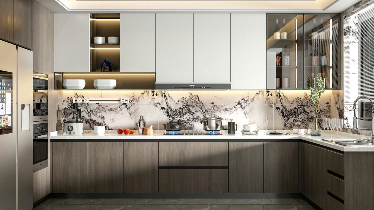 Tủ bếp melamine với mặt đá marble