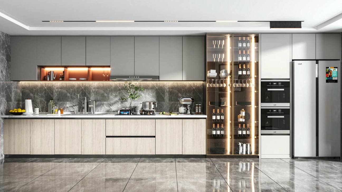 Tủ bếp melamine với tủ rượu hiện đại