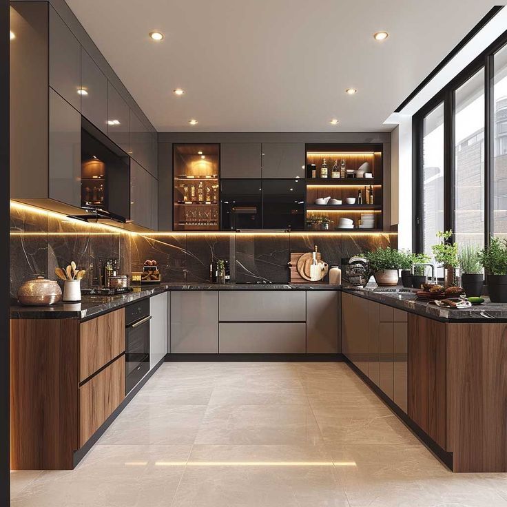 Tủ bếp nhôm giả gỗ chữ U