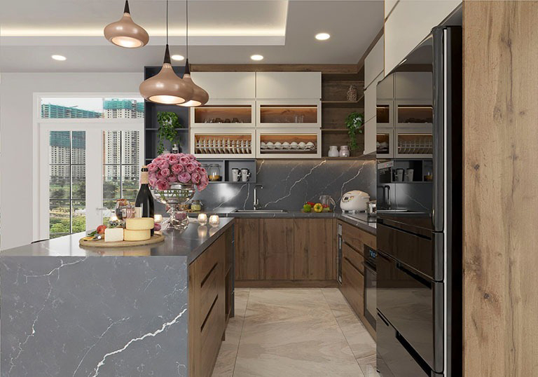 Tủ bếp nhôm giả gỗ kiểu Modern Rustic