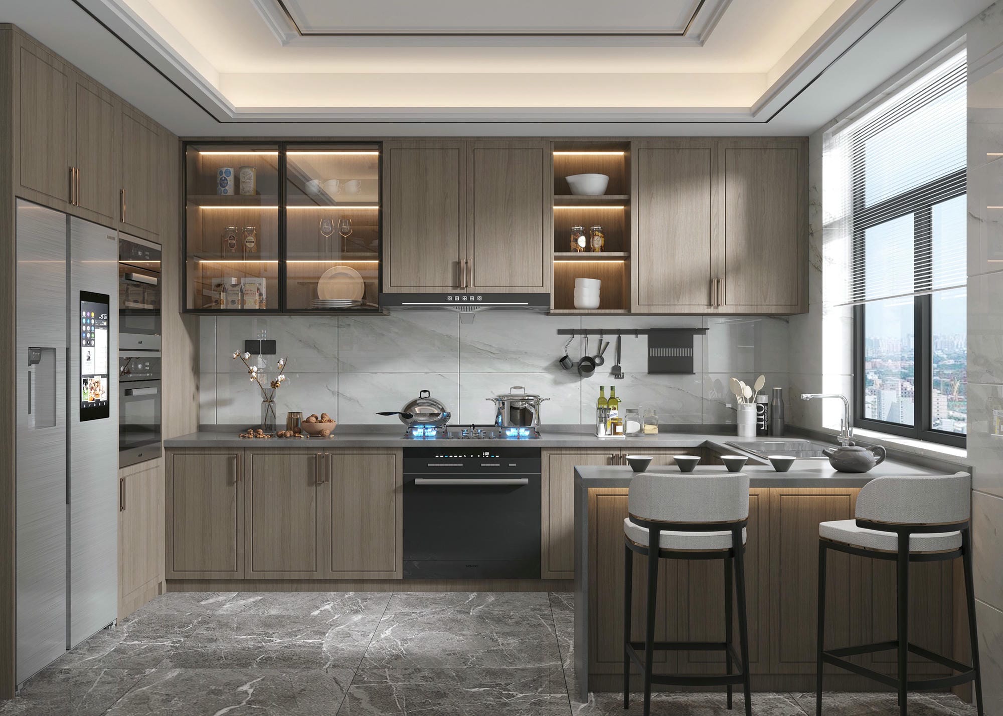 Tủ bếp nhôm giả gỗ kiểu Modern Style