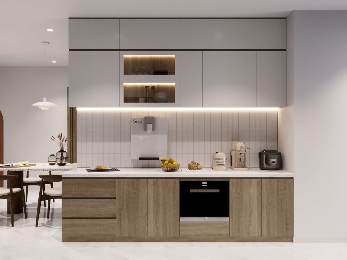 Tủ bếp nhôm giả gỗ nhỏ gọn