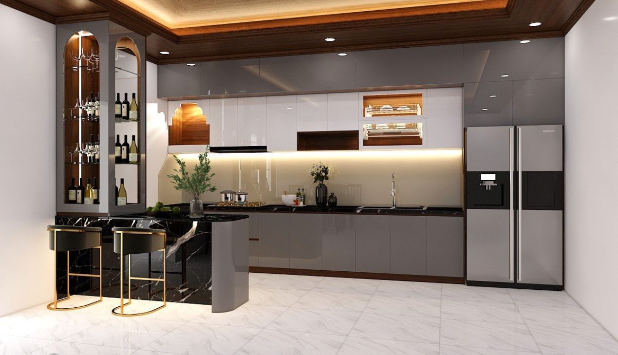 Tủ bếp nhôm khung inox bóng đẹp