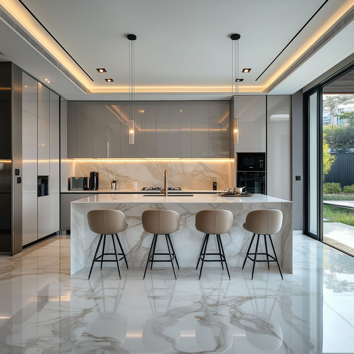 Tủ bếp nhôm kính phong cách hiện đại