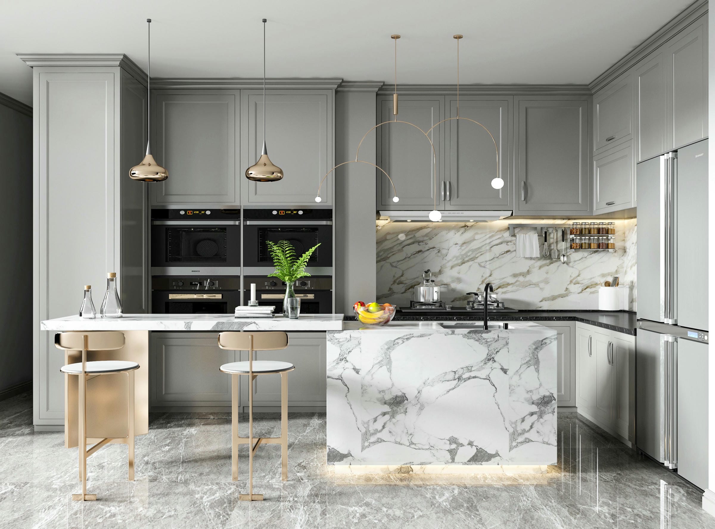 Tủ bếp nhôm màu xám có bàn đảo