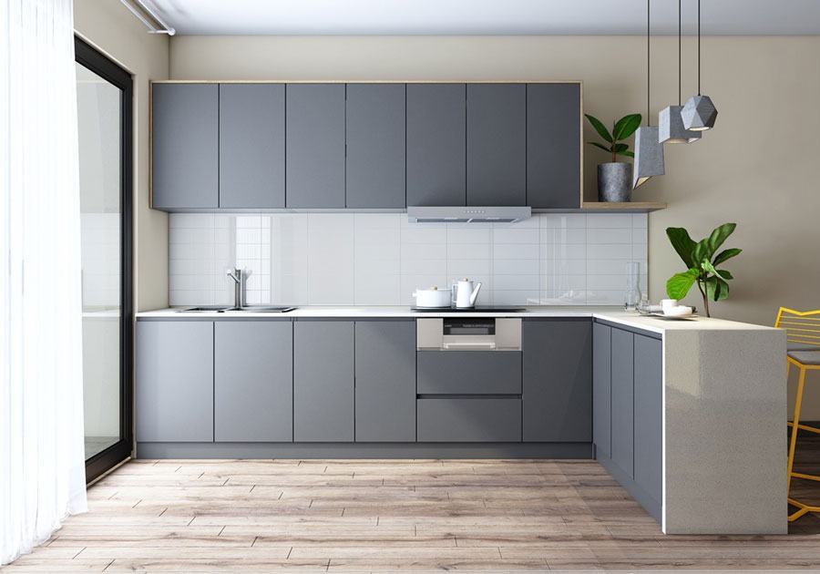 Tủ bếp nhôm màu xám đơn giản