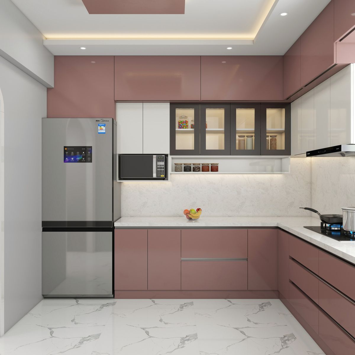 Tủ bếp nhôm xingfa màu hồng