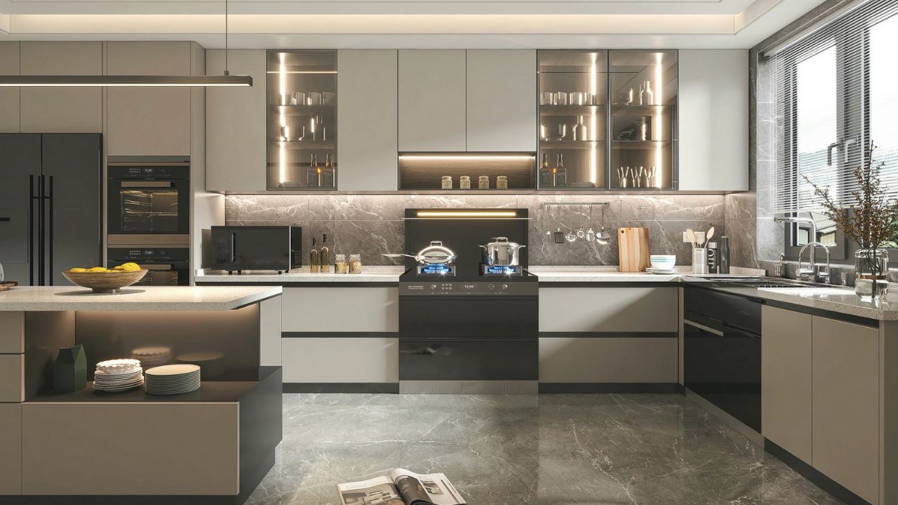 Tủ bếp thùng inox cánh kính có ngăn kéo tiện ích