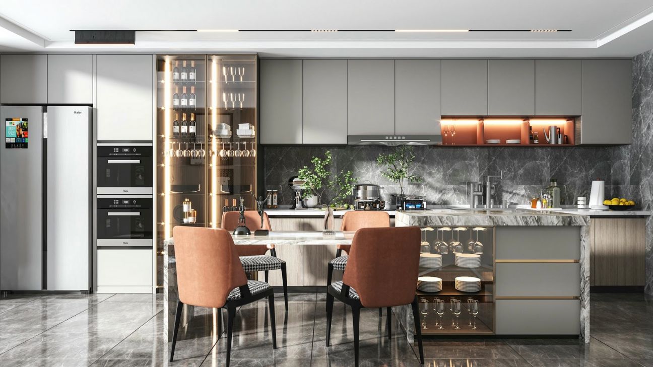 Tủ bếp thùng inox cánh kính có rãnh tinh xảo