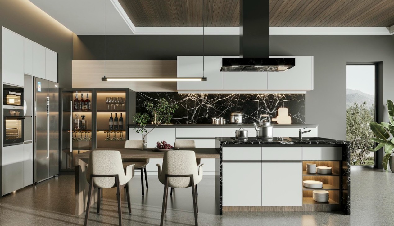 Tủ bếp tích hợp tủ rượu kiểu châu Âu