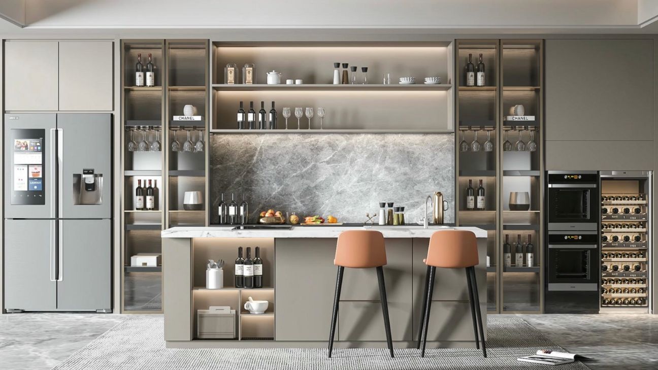 Tủ inox cánh kính có đảo bếp