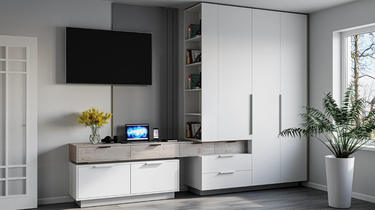 Tủ quần áo âm tường đẹp kết hợp TV wall