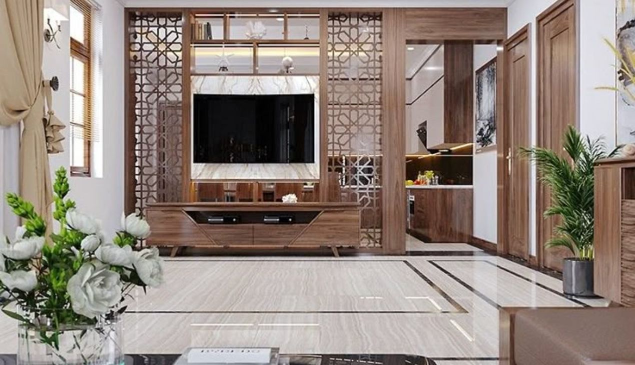 Vách gỗ ngăn phòng khách và bếp