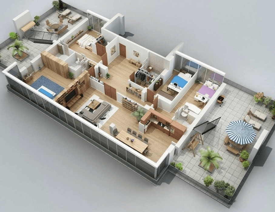 Bản vẽ phối cảnh 3D của một thiết kế nội thất biệt thự