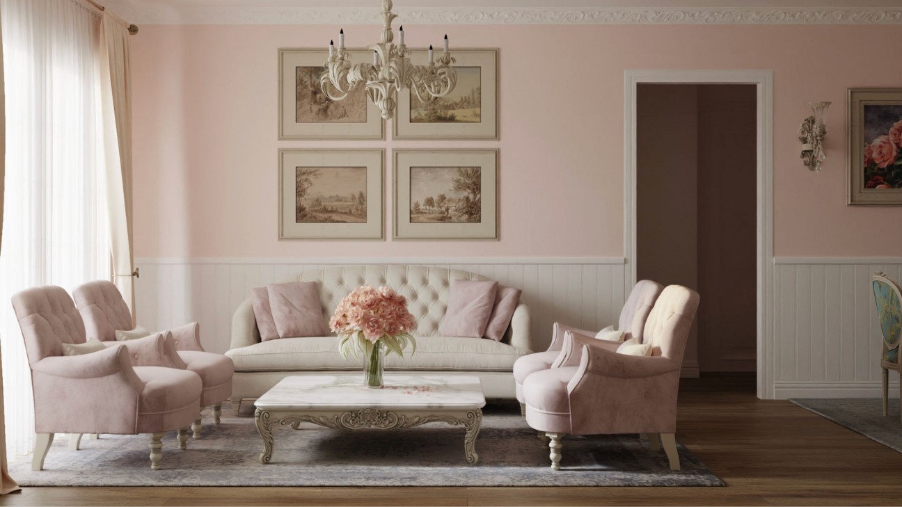 Living room pastel - thảm hoa và đèn chùm pha lê