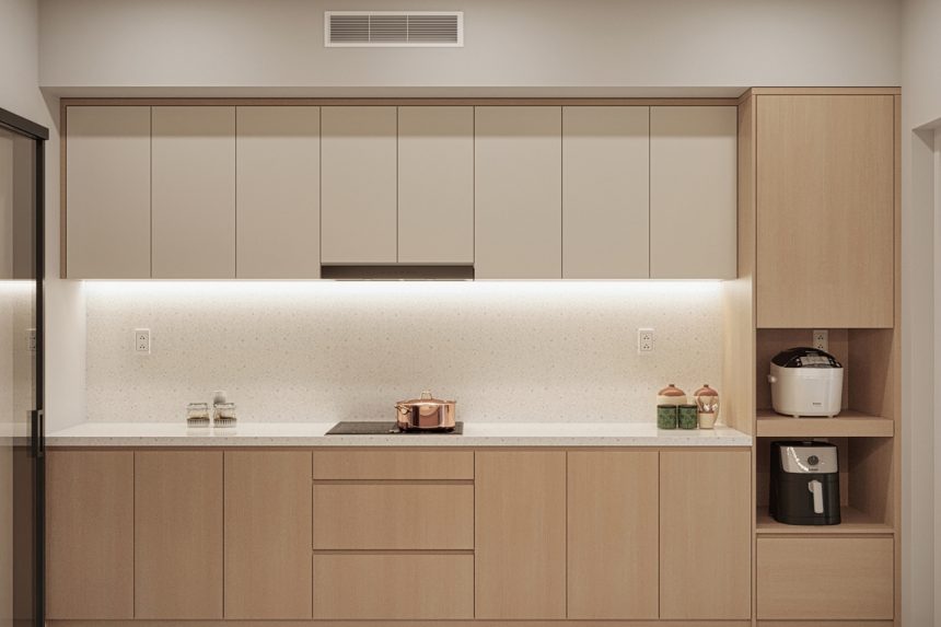 Nội thất phòng bếp liền khách chung cư Sài Gòn Pearl 02