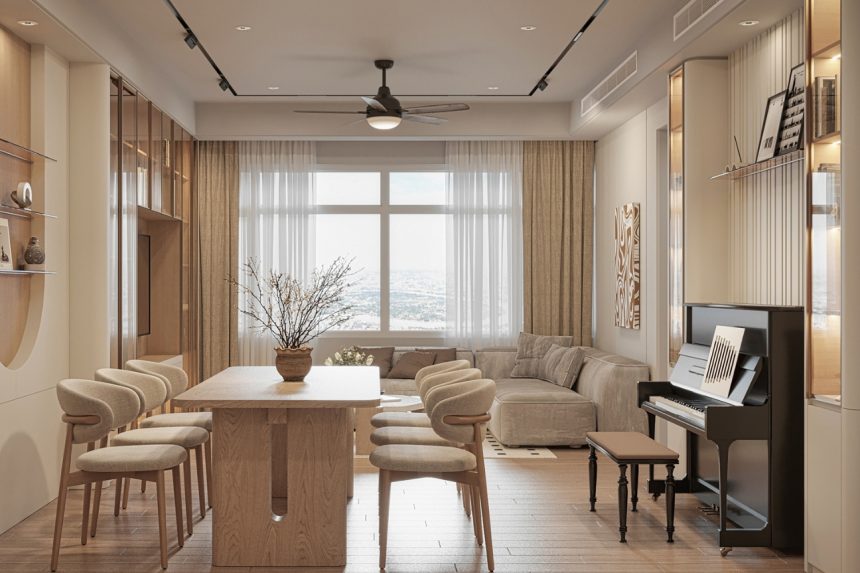 Nội thất phòng bếp liền khách chung cư Sài Gòn Pearl 07