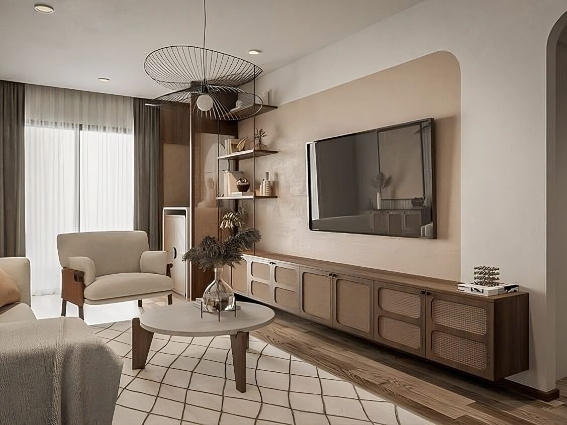 Phong cách thiết kế nội thất wabi sabi kệ tv