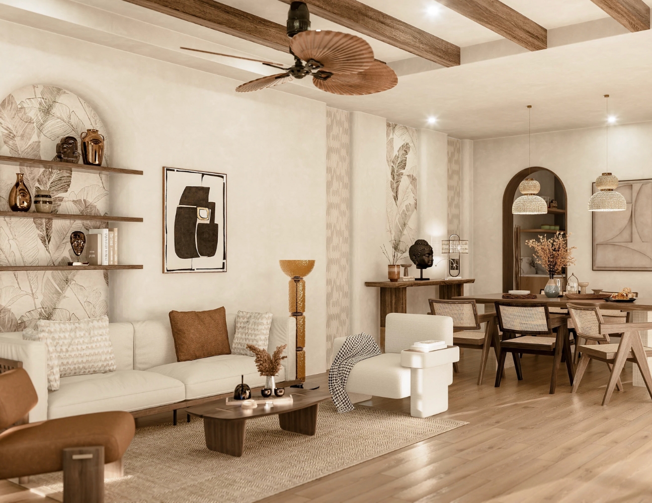 Phòng khách liền bếp mang phong cách Rustic tự nhiên
