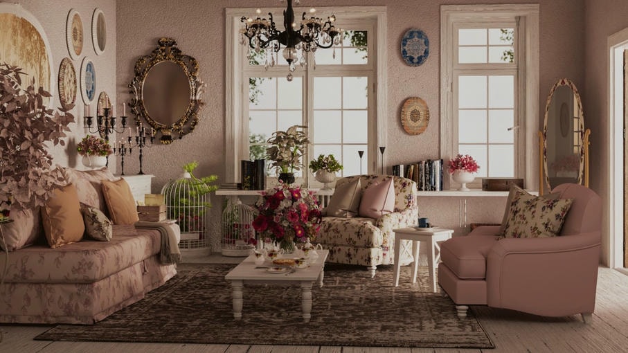 Phòng khách Shabby Chic - ghế trắng và hoa tươi