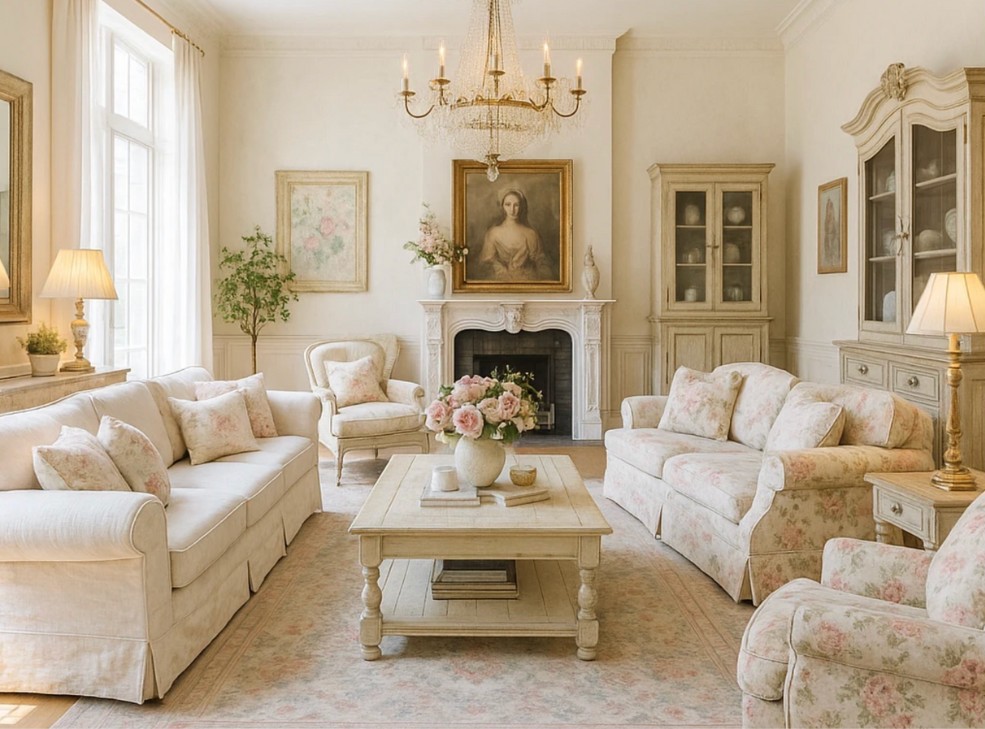 Phòng khách Shabby Chic: sofa vintage và gối hoa pastel