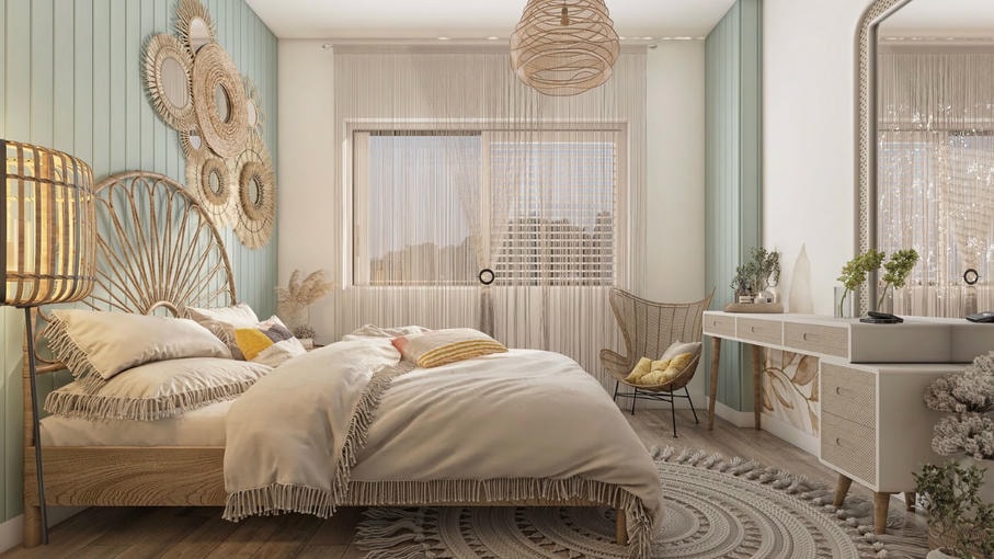 Phòng ngủ Shabby Chic: giường sắt vintage và rèm ren
