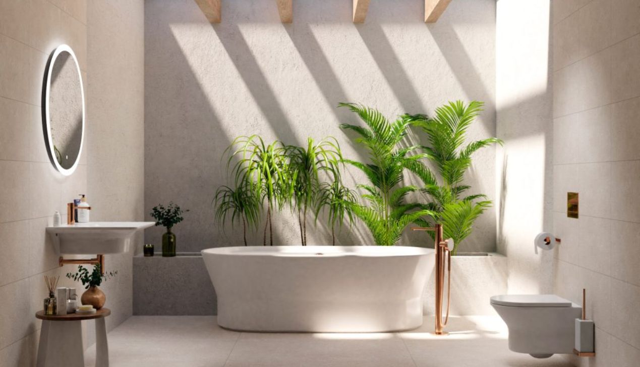 Phòng tắm xanh với cây cối và ánh sáng tự nhiên
