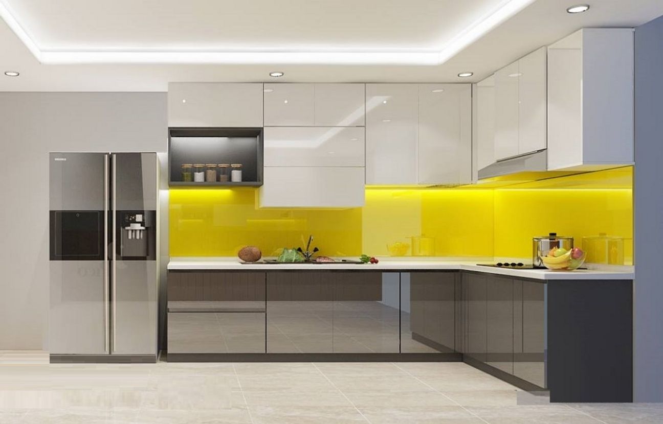 Tủ bếp acrylic màu vàng bóng gương