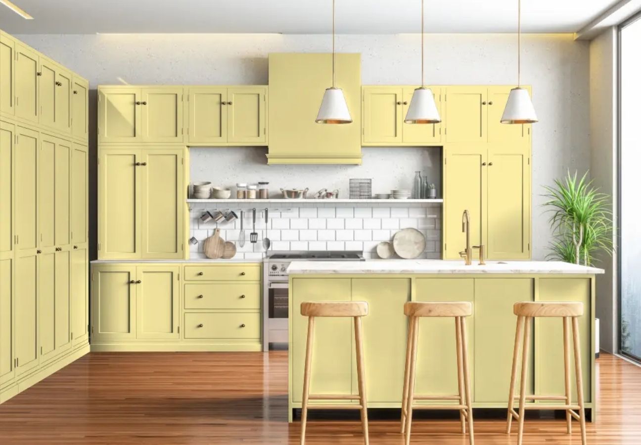 Tủ bếp acrylic màu vàng nhỏ gọn
