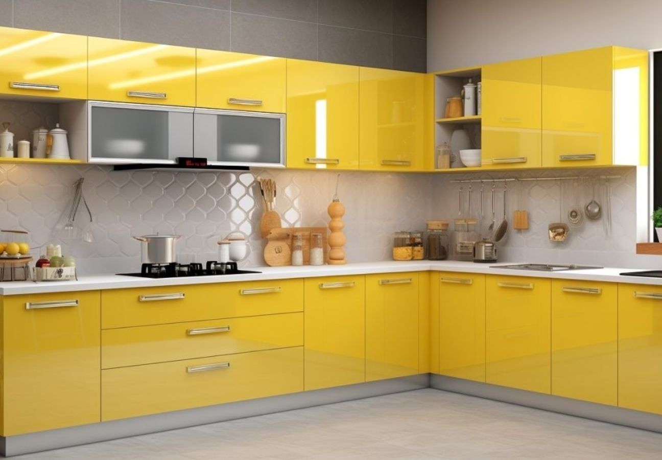 Tủ bếp màu vàng có anh sáng tự nhiên