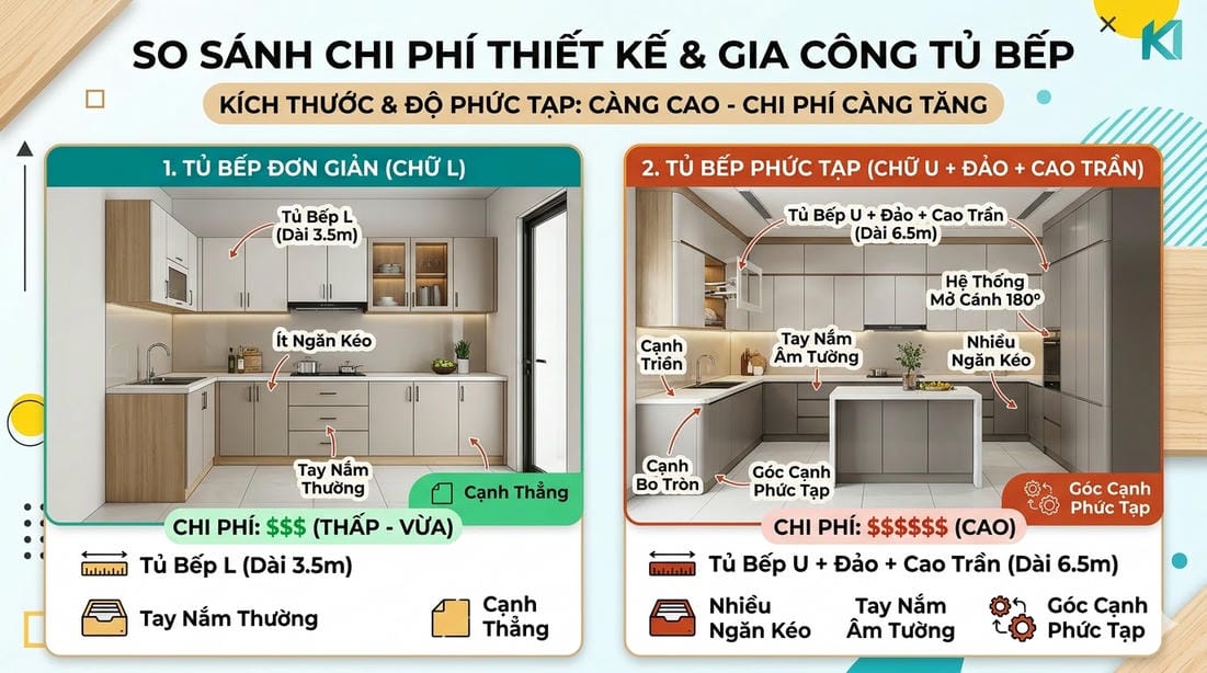 Chi phí làm tủ bếp theo kích thước và độ phức tạp