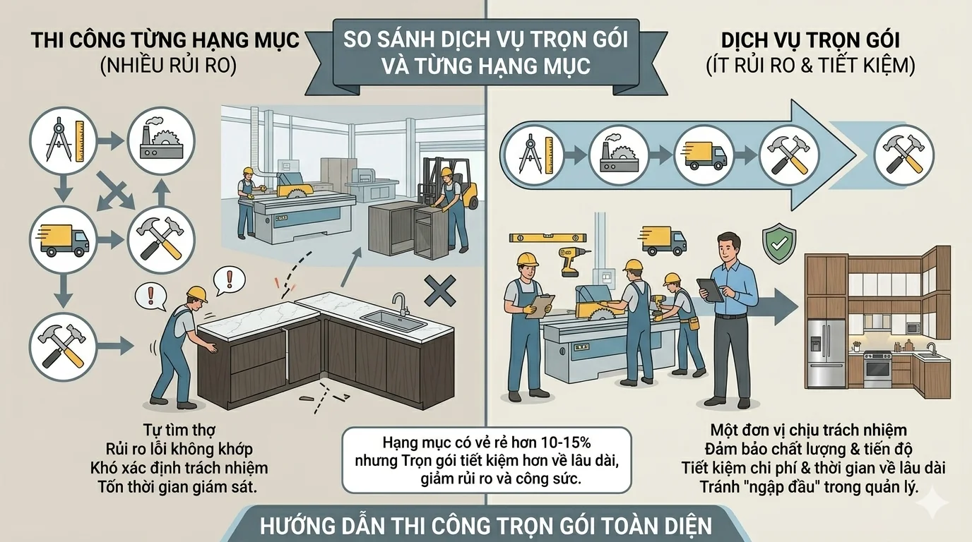 So sánh thi công bếp trọn gói với thi công lẻ So sánh thi công bếp trọn gói với thi công lẻ